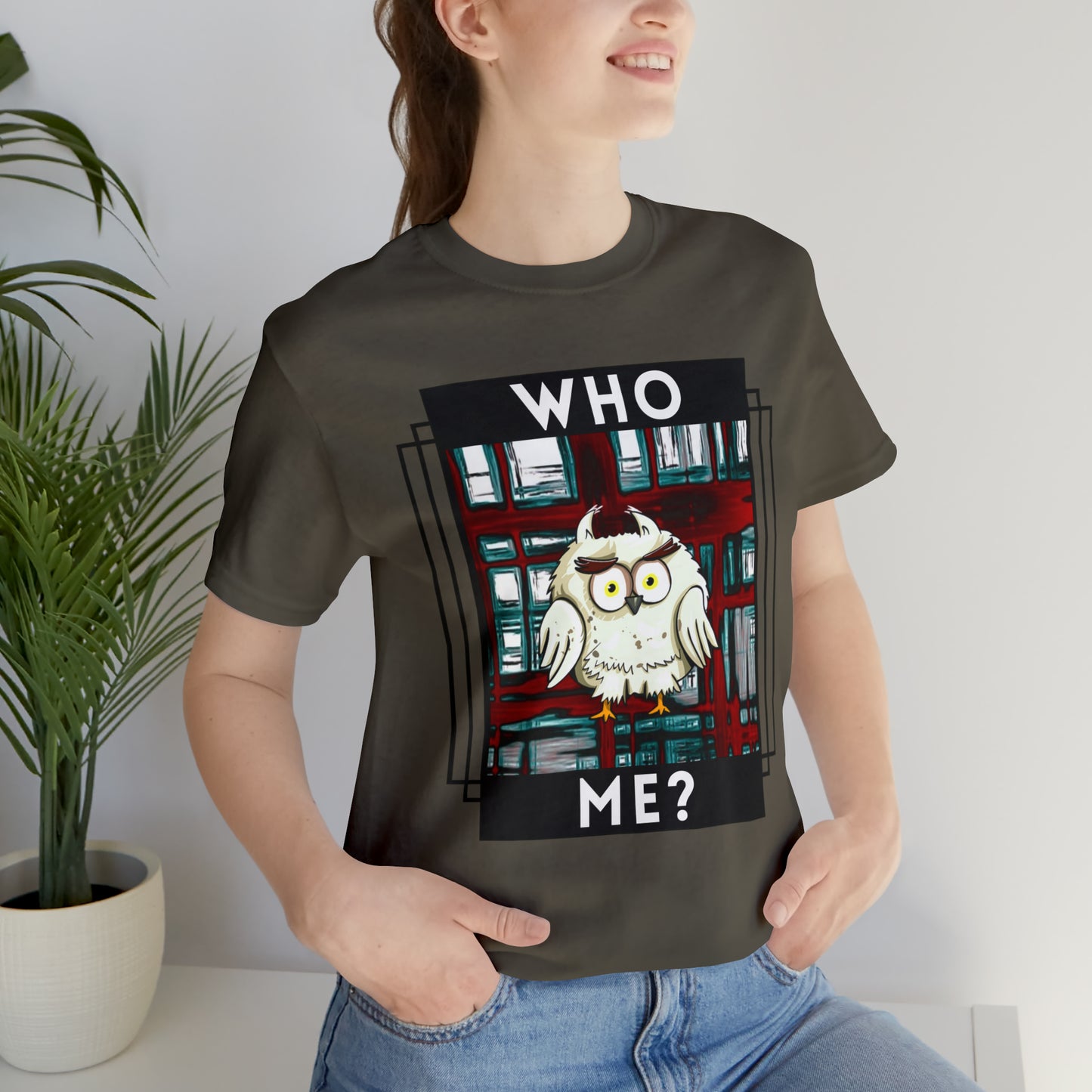 Bird, Who Me? Owl- Adult, Unisex Jersey Short Sleeve Tee, T-shirt