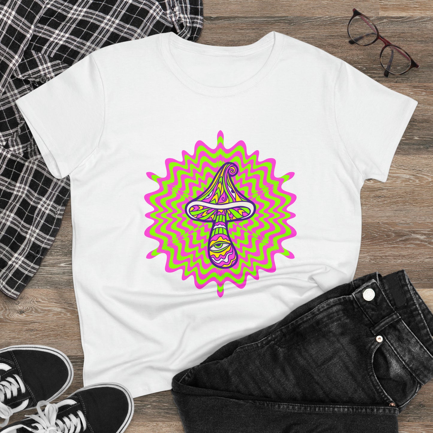 Colorful, Retro Mushrooms- Adult, Semi-fitted, Smaller Size Image, T-shirt