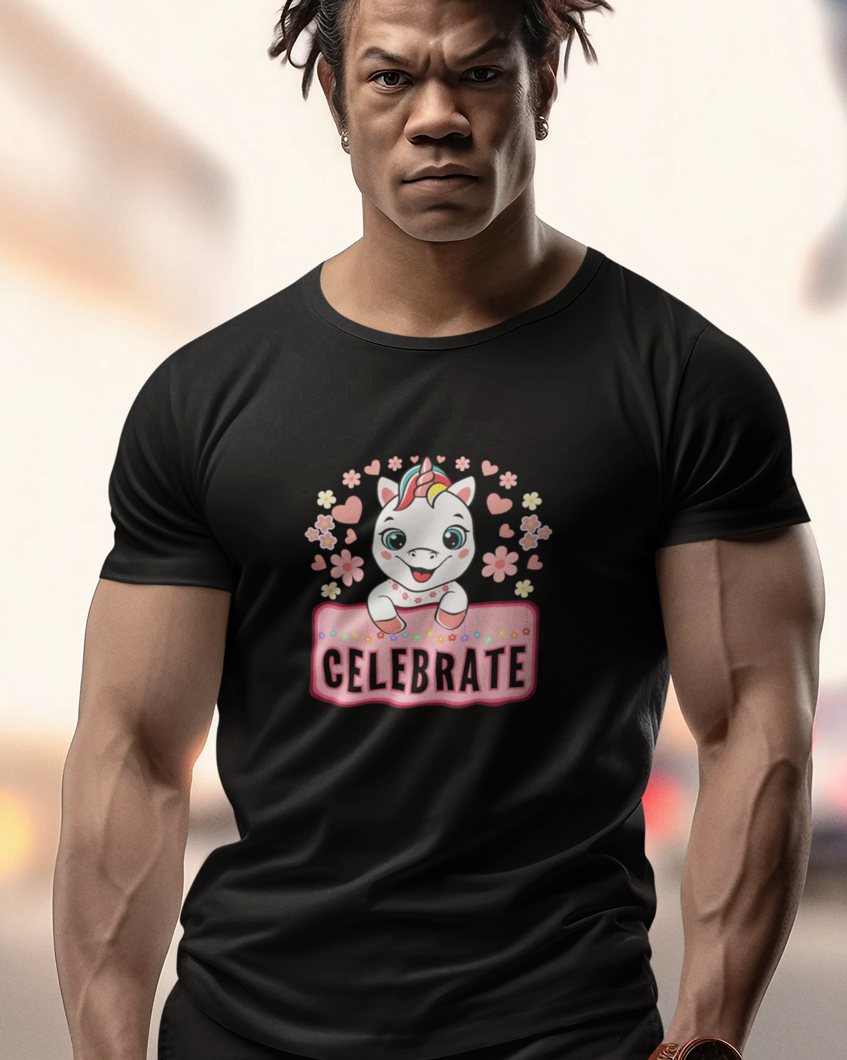 Event, Birthday. Muscular man wearing a unicorn and stars t-shirt which reads, celebrate.