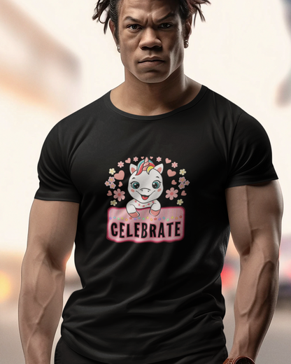 Event, Birthday. Muscular man wearing a unicorn and stars t-shirt which reads, celebrate.