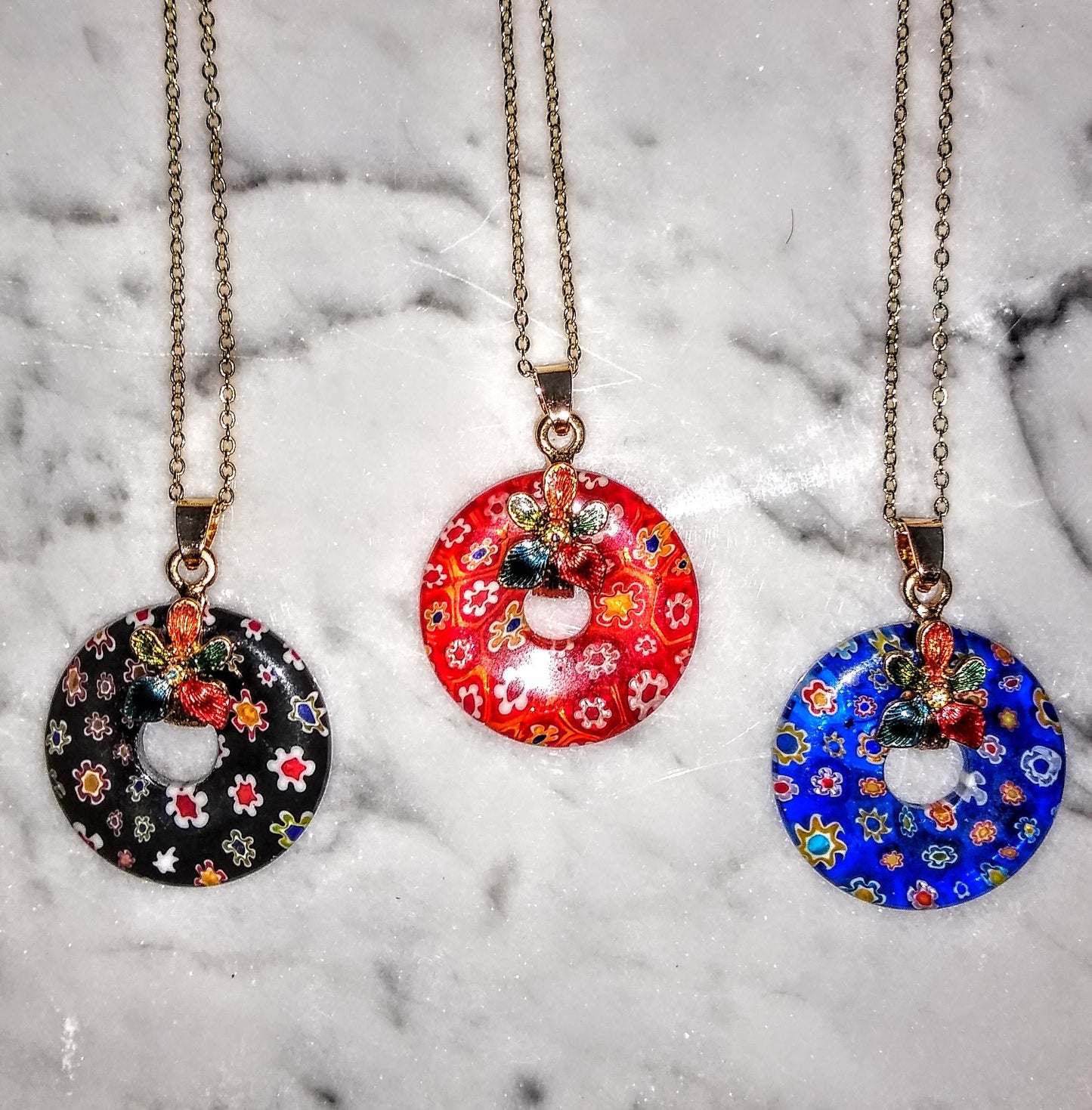 Italian Murano Millefiori Flower pendant, gold chain necklace