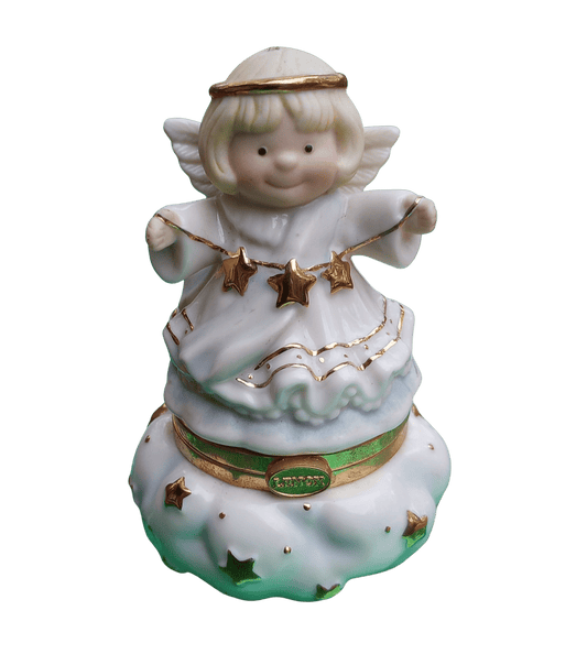 Lenox Christmas Angel figurine, ornament. Cherub faced angel gift made from china holding stars. The bottom opens and has a trinket holder in the base.