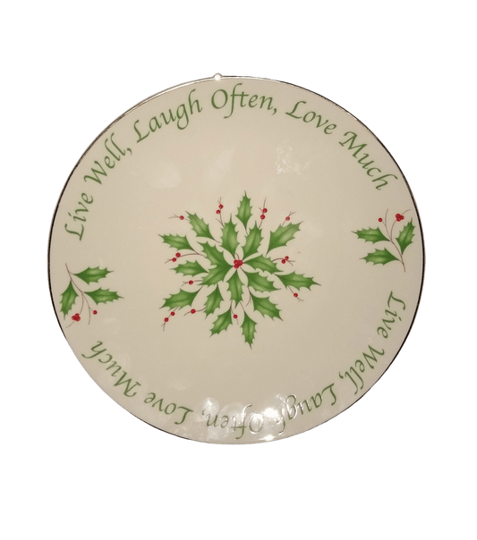 Lenox Christmas Holiday Plate With Green Holly And Red Berries. Live Well, Laugh Often, Love Much. 1970's.