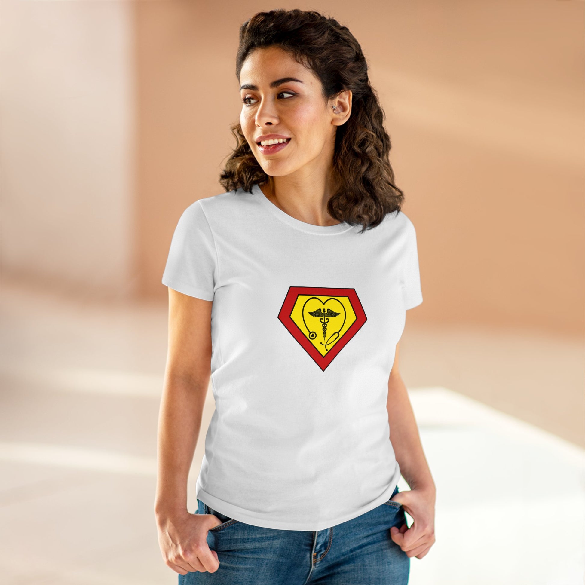 Occupation, Medical Worker. Woman wearing a superhero style medical symbol on a t-shirt.