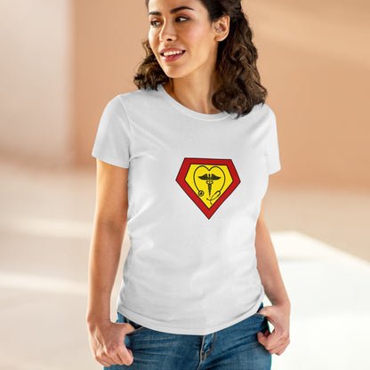 Occupation, Medical Worker. Woman wearing a superhero style medical symbol on a t-shirt.