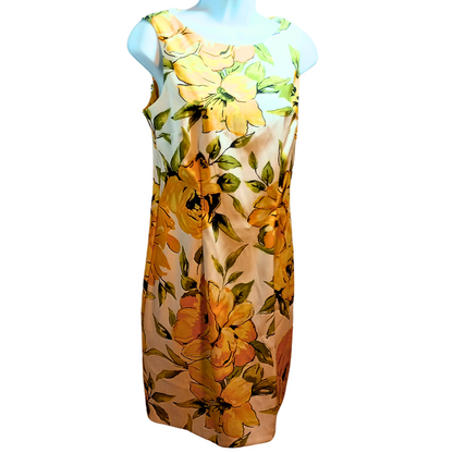 Kim Rogers Dress Floral Sleeveless Yellow Green Flower Tropical Knee Midi Summer Size: 6 Stunning yellow flowers on this sleeveless floral dress. Step out in style this Spring and Summer.