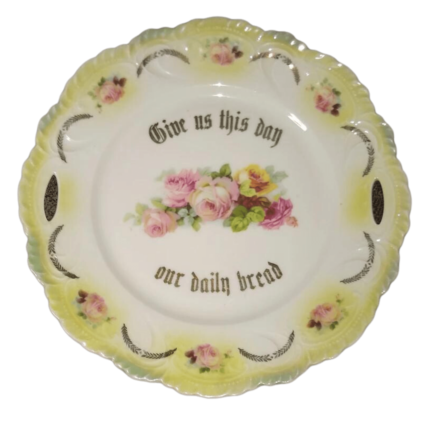Vintage Bavarian German plate. Give Us This Day Our Daily Bread vintage gold floral rose plate. Thanksgiving holiday formal china decorative rose flower plate.
