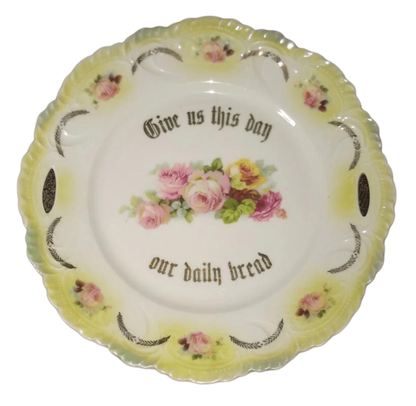 Vintage Bavarian German plate. Give Us This Day Our Daily Bread vintage gold floral rose plate. Thanksgiving holiday formal china decorative rose flower plate.