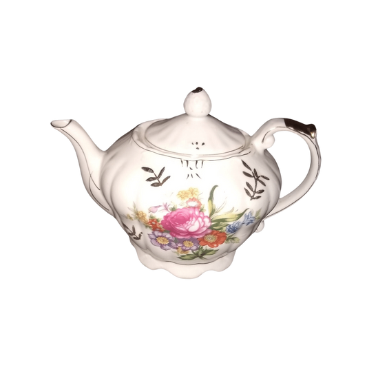 Vintage Musical Tea Pot Wind Up Floral Rose Gold Trim, Made in Japan In 1960's. Tea For Two Song.