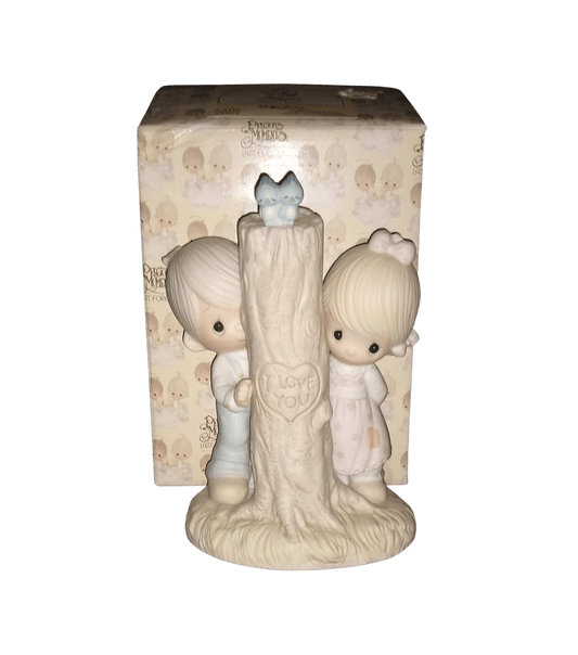 Vintage Precious Moments Figurine Of A Boy And Girl And I Love You Tree Mark And Blue Birds. Thee I Love By Enesco 1979. 