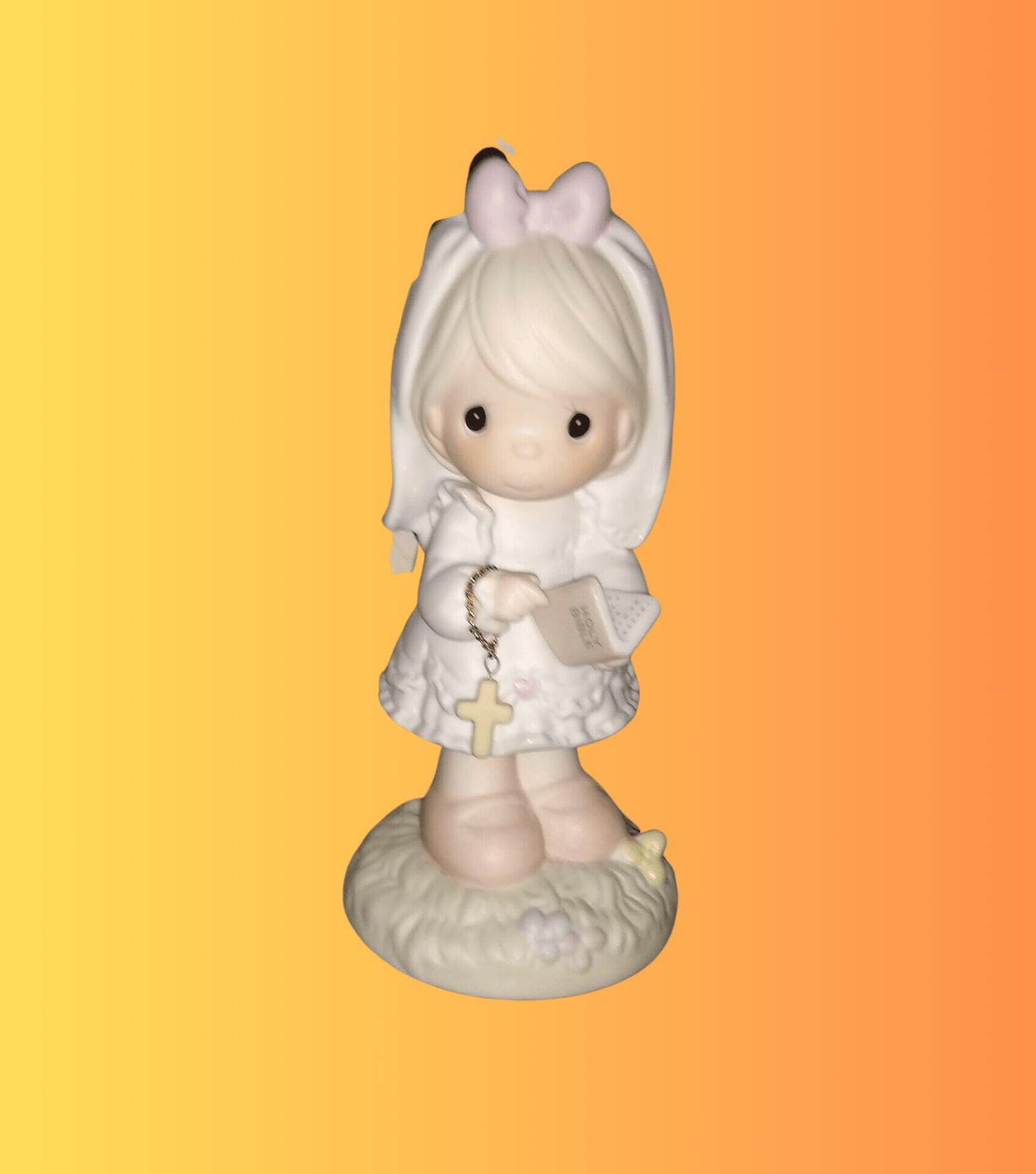 Vintage Precious Moments Figurine Of A Girl Holding A Cross And Bible, This Day Has Been Made In Heaven, Enesco 1989. 