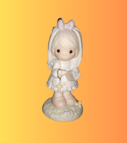 Vintage Precious Moments Figurine Of A Girl Holding A Cross And Bible, This Day Has Been Made In Heaven, Enesco 1989. 
