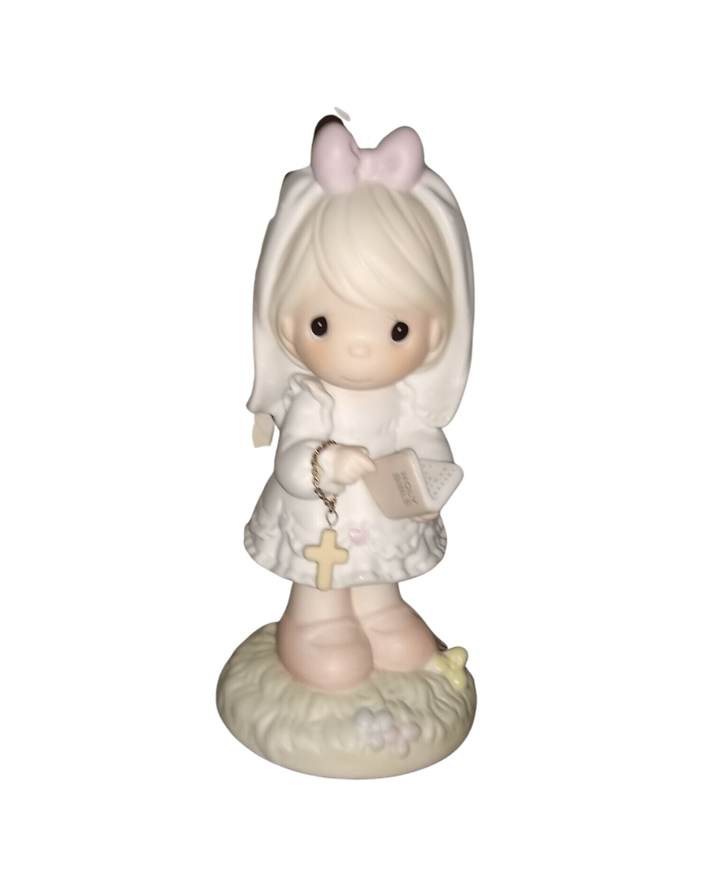 Vintage Precious Moments Figurine Of A Girl Holding A Cross And Bible, This Day Has Been Made In Heaven, Enesco 1989. 
