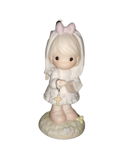 Vintage Precious Moments Figurine Of A Girl Holding A Cross And Bible, This Day Has Been Made In Heaven, Enesco 1989. 