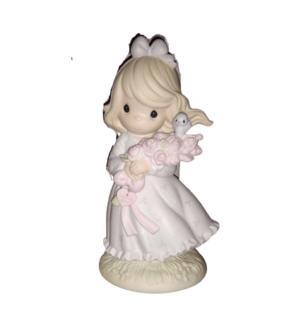 Vintage Precious Moments Figurine of A Girl Holding Roses With A Blue Bird Sitting On The Top Flower. You Are My Happiness By Enesco 1991, Last Forever collection.  