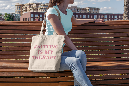 Knitting, Knitting Is My Therapy- Cotton Canvas Tote Bag