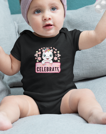 Events, Infant, Onesie. Baby wearing an event, birthday onesie with a unicorn and stars and reads, Celebrate.