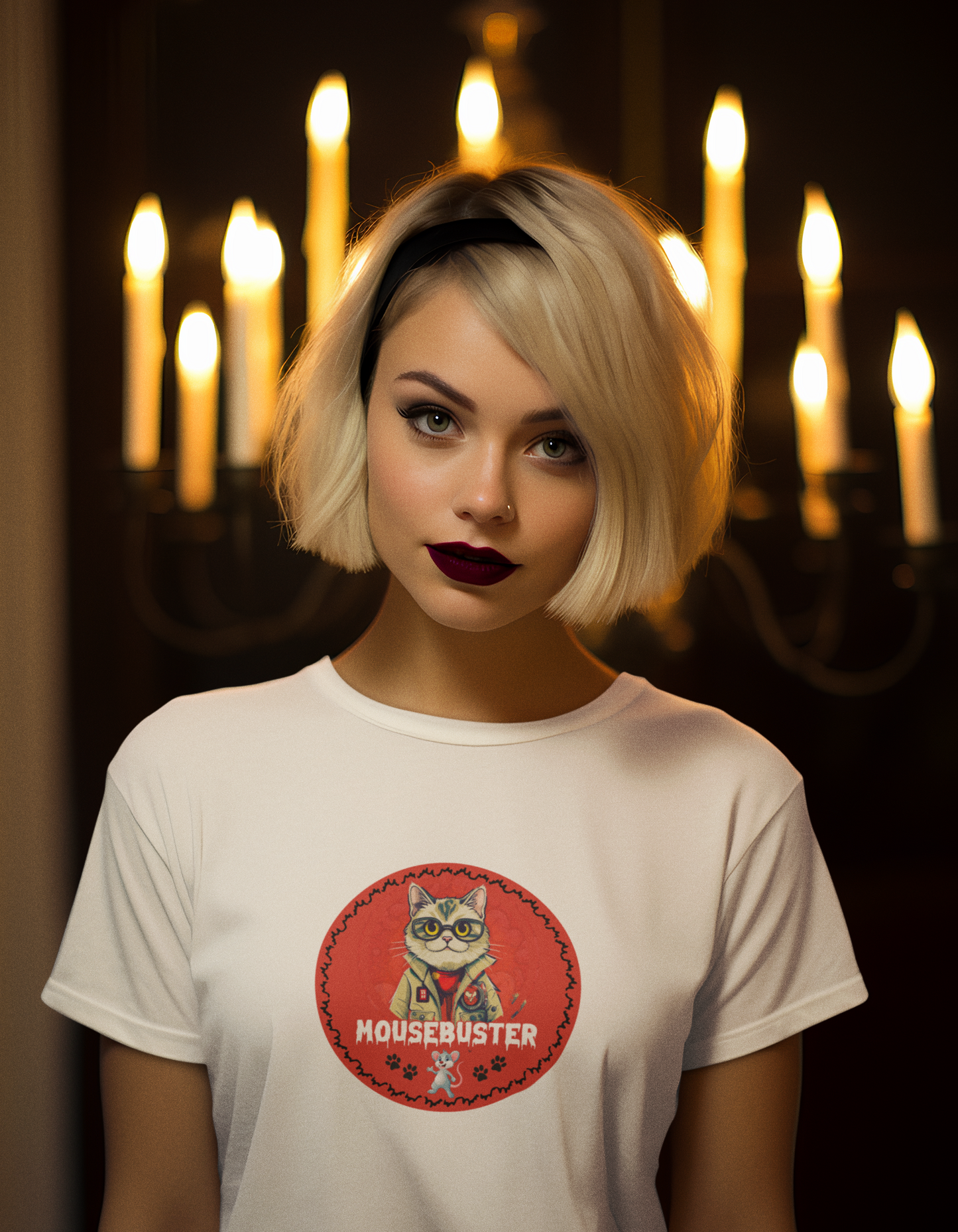 Animals, Cats, Mouse, Mousebuster, Funny, Holiday, Halloween- Adult, Semi-fitted, Smaller Size Image, T-shirt