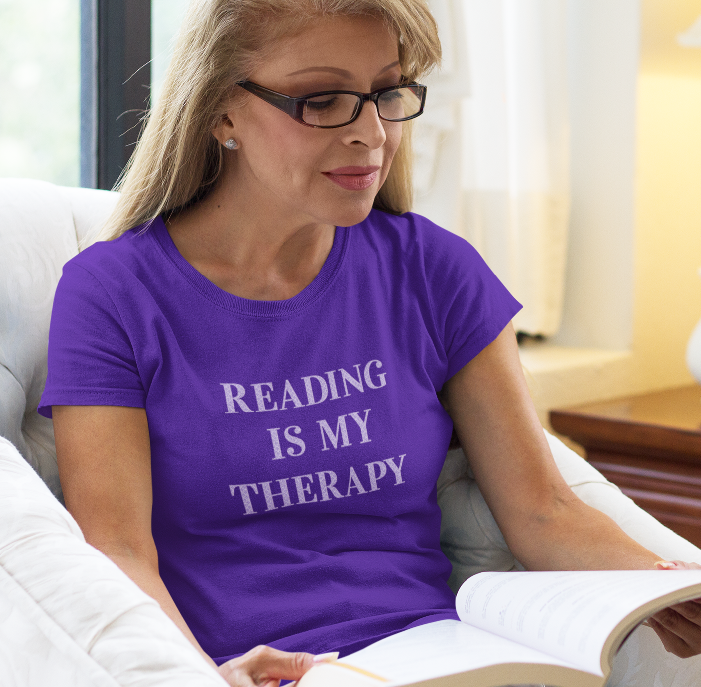 Hobby, Reading Is My Therapy, Books- Adult, Regular Fit, Soft Cotton, Smaller Size Image T-Shirt