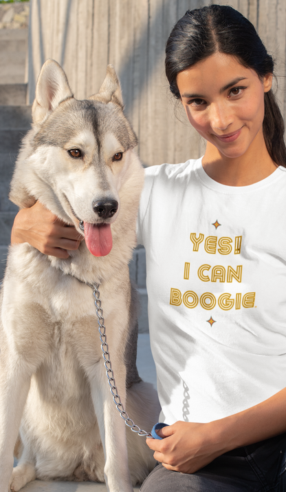 Dance, I Can Boogie, Retro Disco Dance, Words- Adult, Regular Fit, Soft Cotton, Smaller Size Image, T-shirt