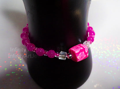 Flower bracelet, pink cube square clay bead, clear crystal cube bead, tropical flowers, jewelry for beach, jewelry for pool, summer jewelry