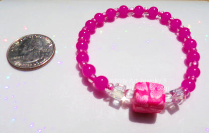 Flower bracelet, pink cube square clay bead, clear crystal cube bead, tropical flowers, jewelry for beach, jewelry for pool, summer jewelry