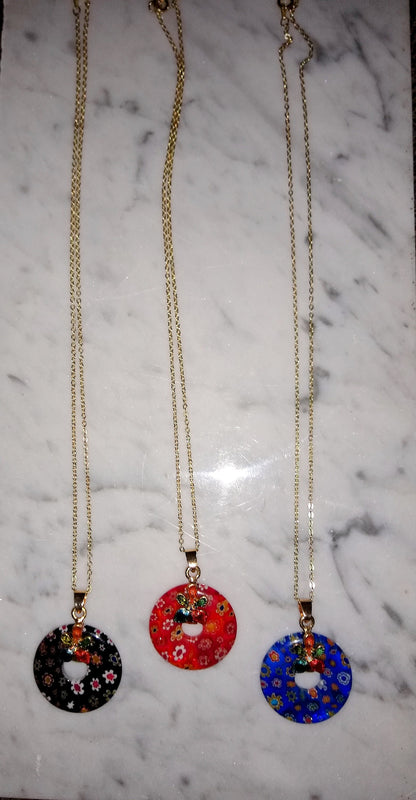 Italian Murano Millefiori Flower pendant, gold chain necklace / Millefiori glass / large pendant / doughnut pendant / flower necklace / gift
