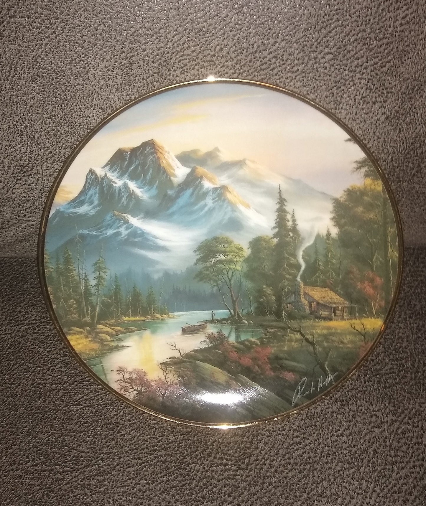 Franklin Mint Heirloom Plate. A Plate Featuring A  Mountain Retreat  With Scenic Mountains In The Background. Created By Ron Huff In 1992.  