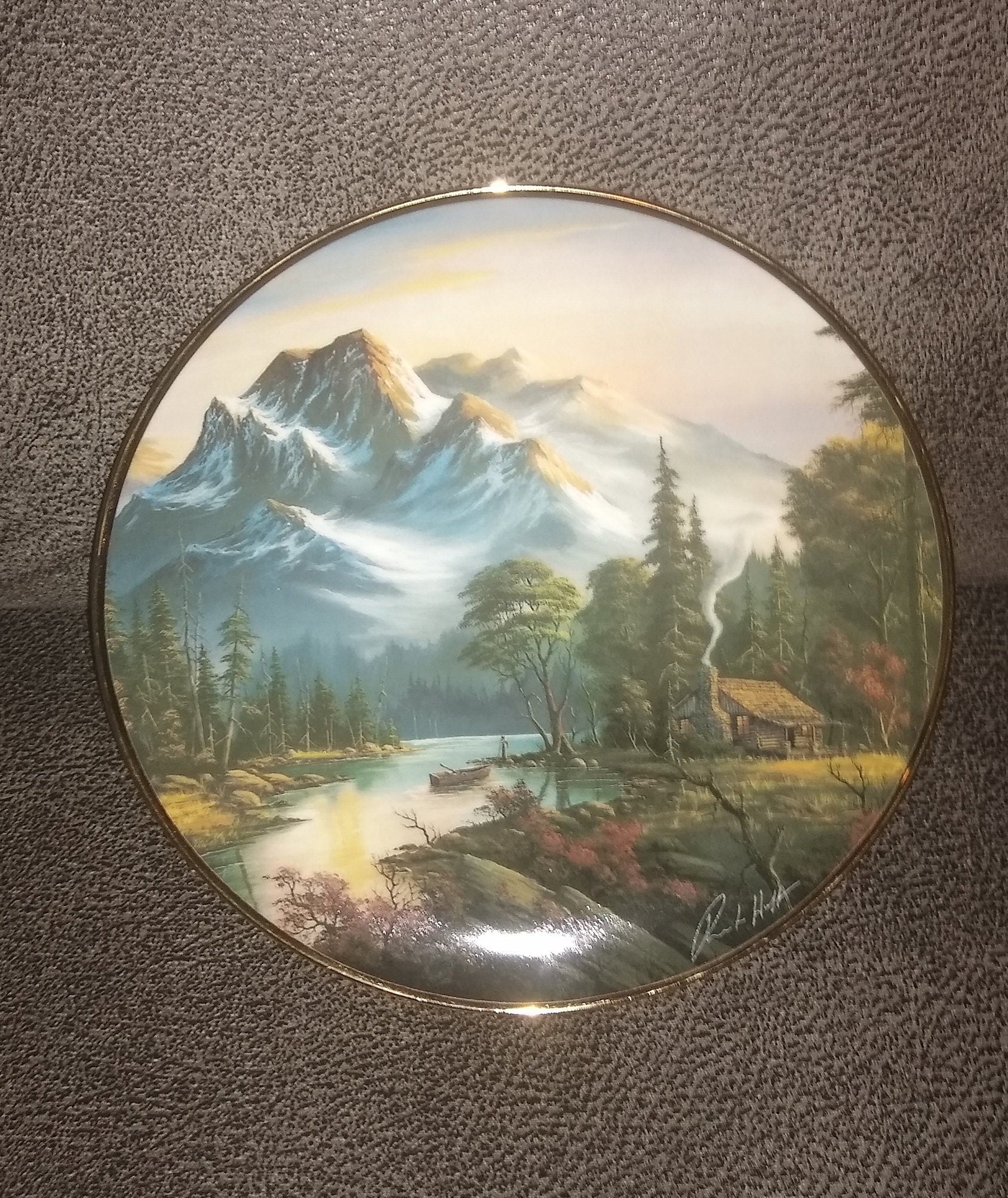 Franklin Mint Heirloom Plate. A Plate Featuring A  Mountain Retreat  With Scenic Mountains In The Background. Created By Ron Huff In 1992.  