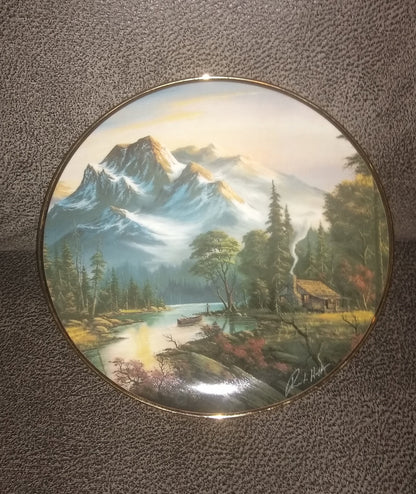 Franklin Mint Heirloom Plate. A Plate Featuring A  Mountain Retreat  With Scenic Mountains In The Background. Created By Ron Huff In 1992.  
