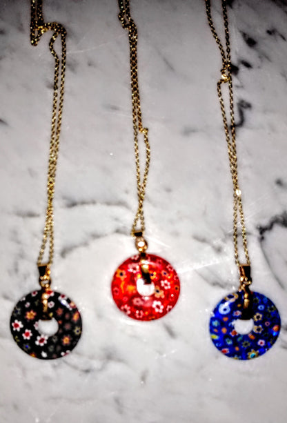 Italian Murano Millefiori Flower pendant, gold chain necklace / Millefiori glass / large pendant / doughnut pendant / flower necklace / gift